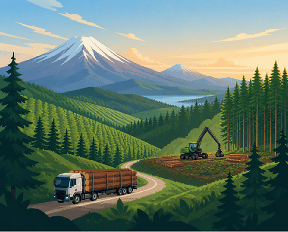 Ilustración de faena forestal en La Araucanía: camión con trozos, cosechadora y volcán al fondo