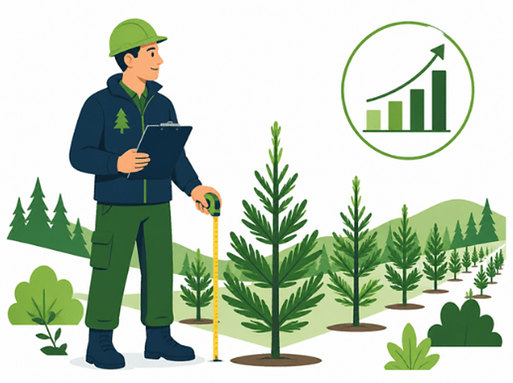 Ingeniero forestal midiendo plantación joven de pino