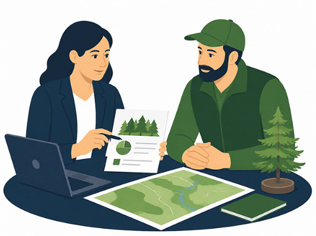 Dos personas revisando documentos y un plano del predio en una reunión
