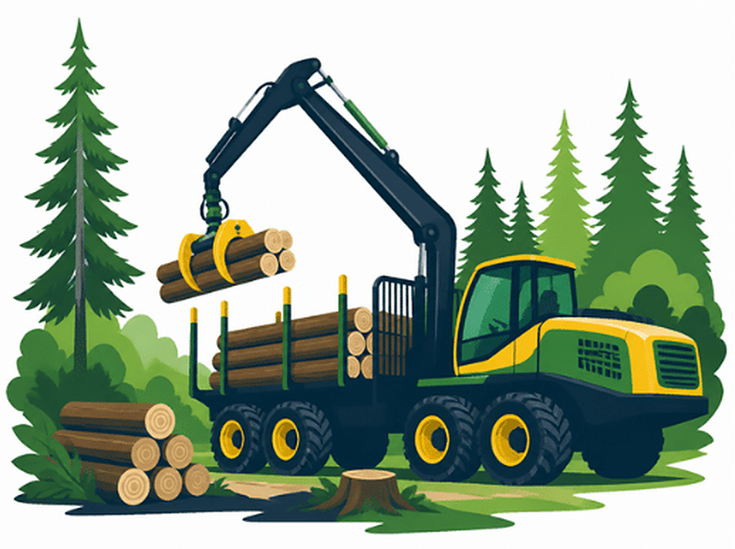Cargador forestal levantando trozos en una cancha de acopio