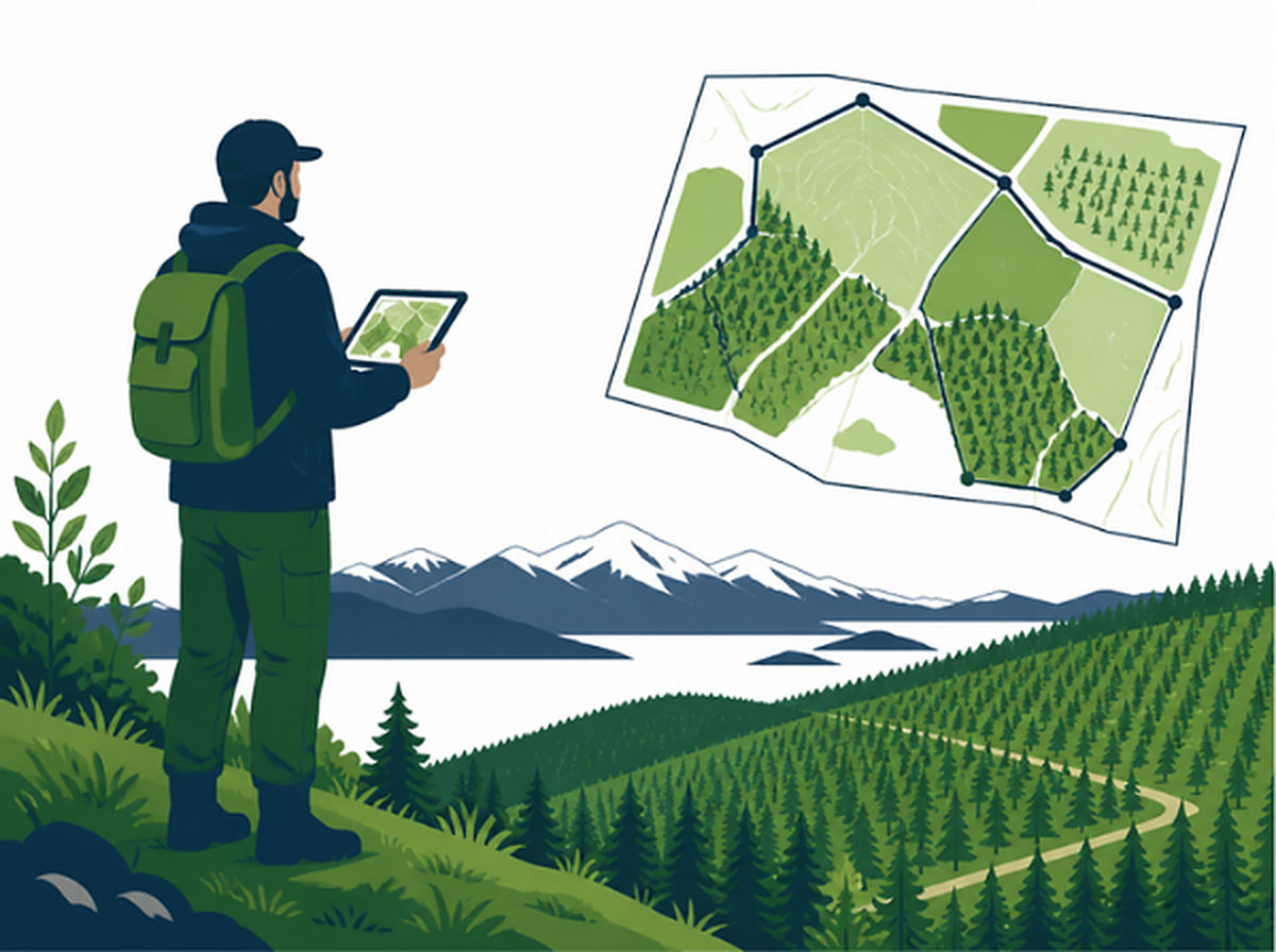 Profesional con tablet evaluando un predio forestal con plano de deslindes