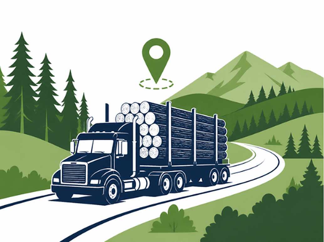 Camión forestal cargado con trozos en ruta rural, con marcador GPS